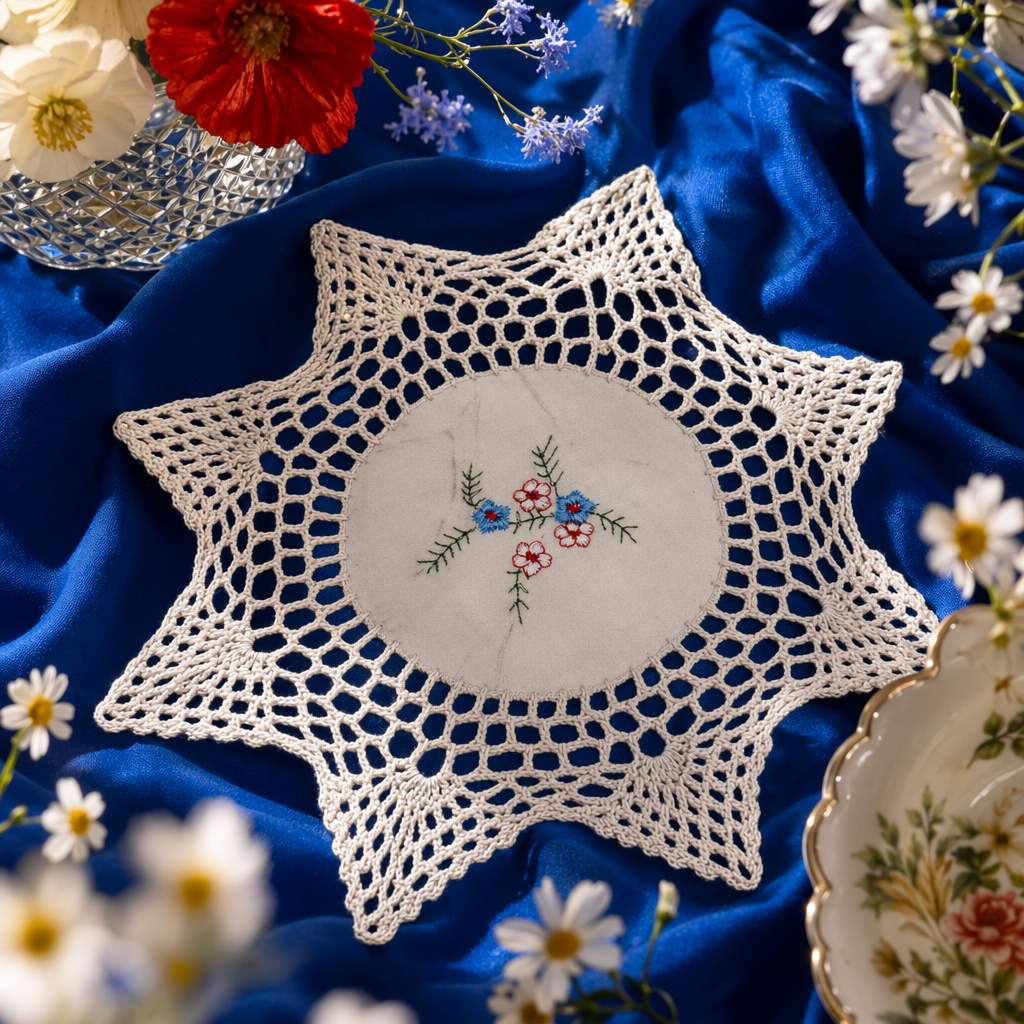 The center of the off-white hand-crochet star-shaped table cushion is embroidered with small blue and red flower patterns Specification image