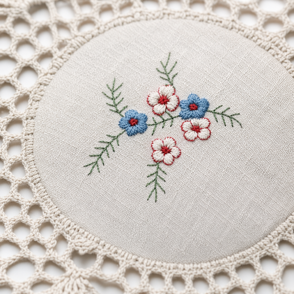 The center of the off-white hand-crochet star-shaped table cushion is embroidered with small blue and red flower patterns Application Scenario