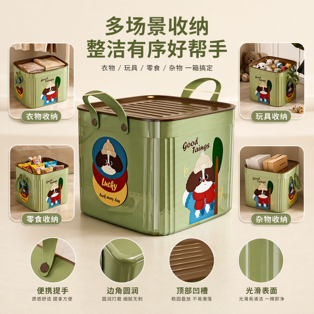 Green square covered storage box, PP plastic thickened dust-proof desktop, bedroom small item organization