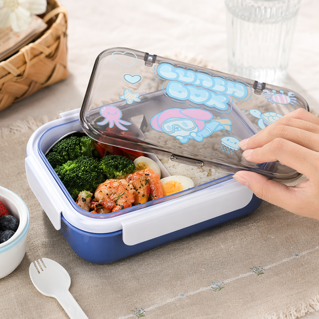 蓝色带透明盖子的卡通 lunch box，盖子上有章鱼、海龟等海洋生物图案产品图
