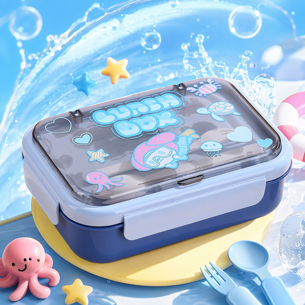 蓝色带透明盖子的卡通 lunch box，盖子上有章鱼、海龟等海洋生物图案细节图