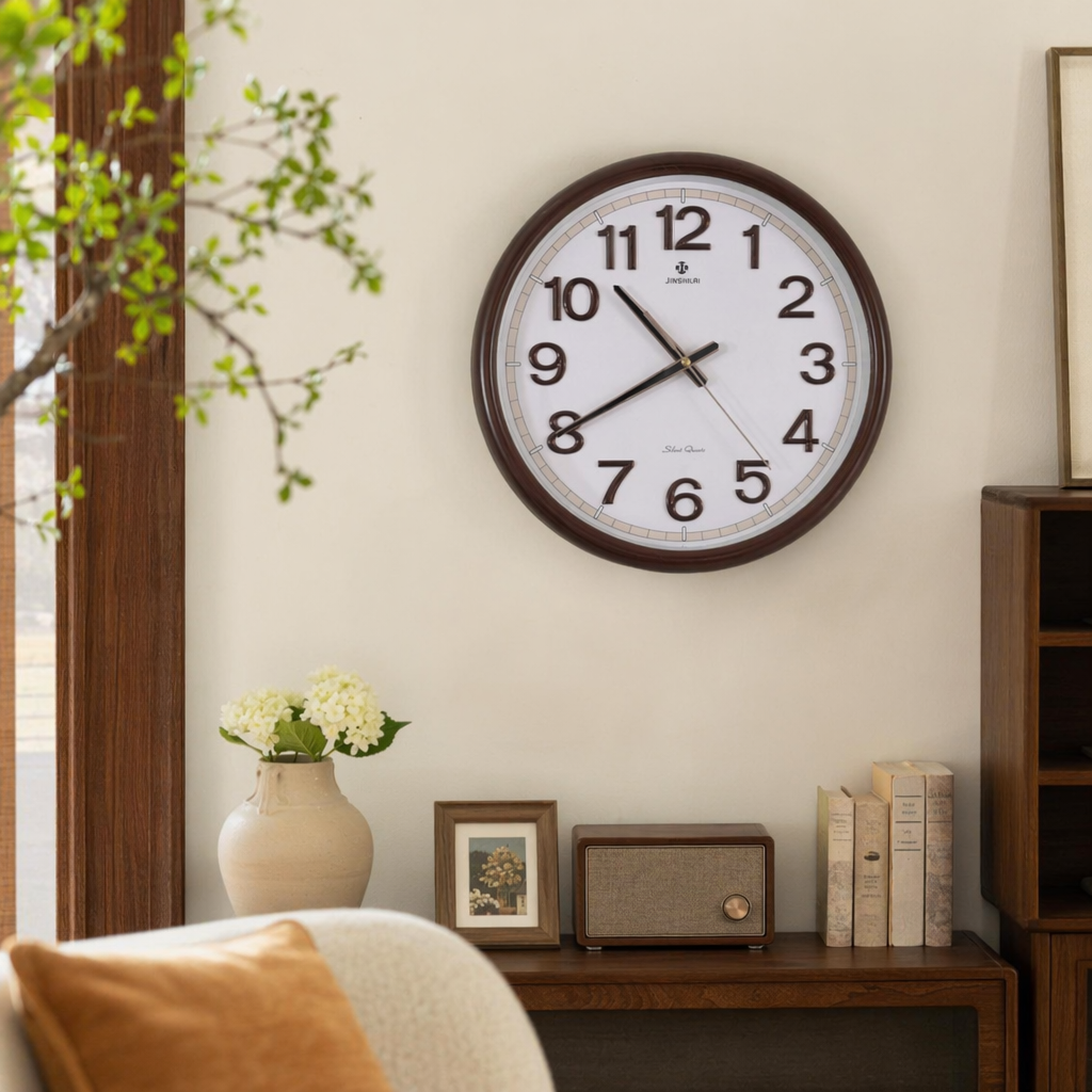 Brown-framed wall clock, simple and modern wall-mounted clock for living room and bedroom, silent design details Picture