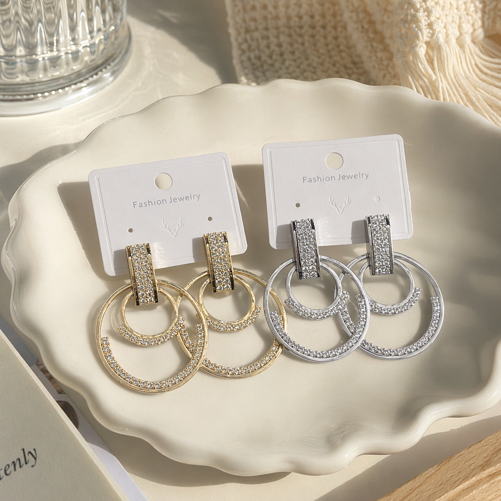 Gold and silver double-ring diamond-encrusted earrings, vintage earrings details Picture