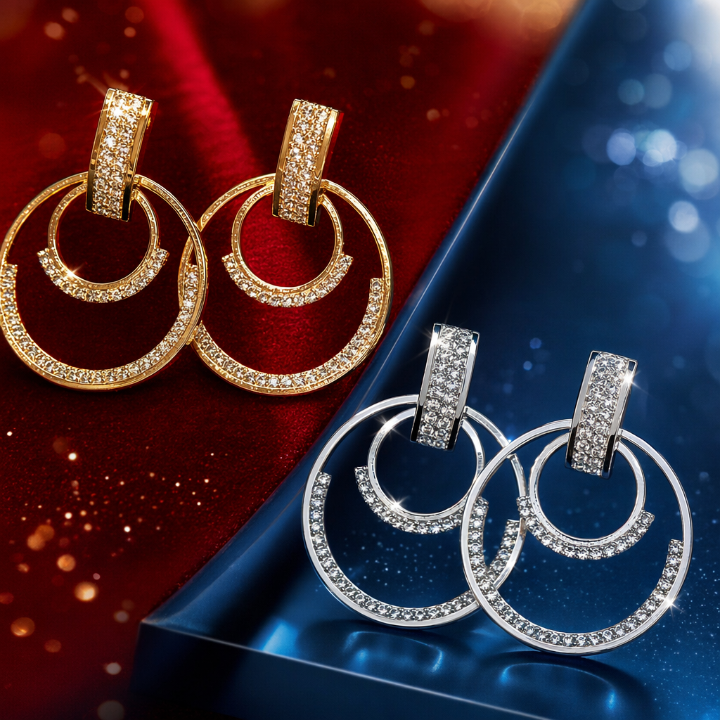 Gold and silver double-ring diamond-encrusted earrings, vintage earrings Specification image