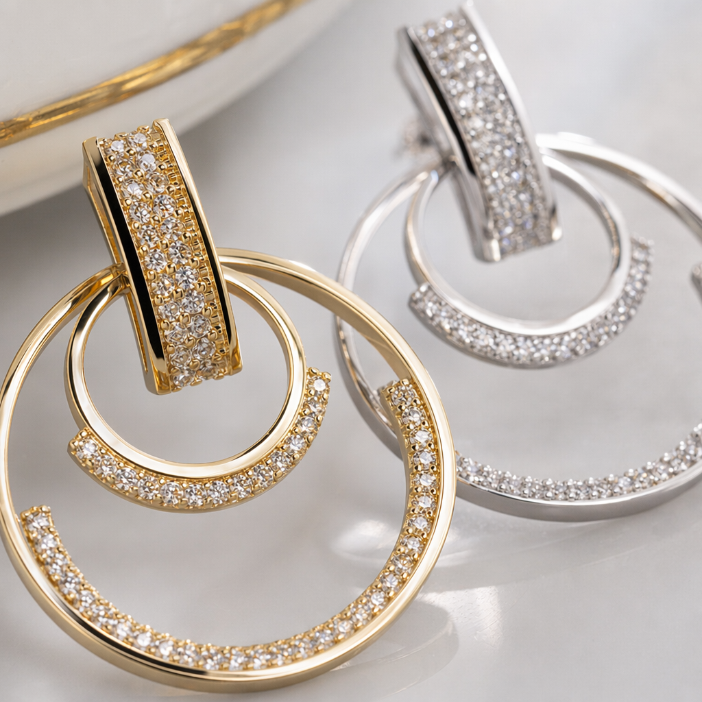 Gold and silver double-ring diamond-encrusted earrings, vintage earrings Application Scenario