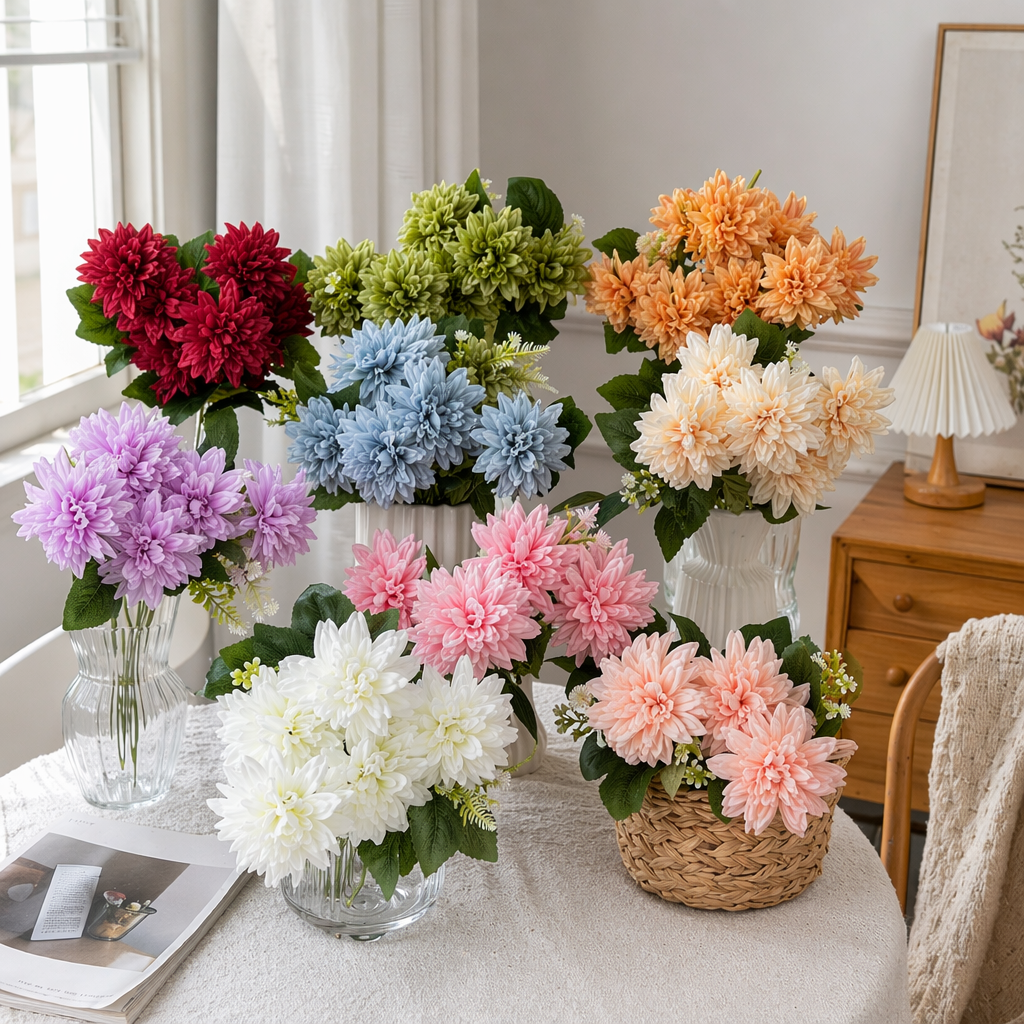 Colorful artificial chrysanthemum bouquets and artificial flower decorations for home living room dining tables details Picture
