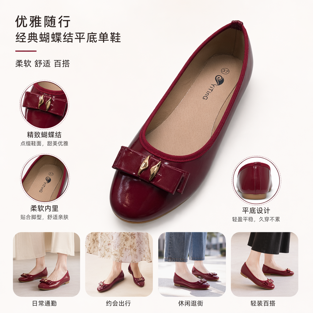 Red patent leather flat shoes for women's casual, versatile, comfortable and anti-slip small leather shoes