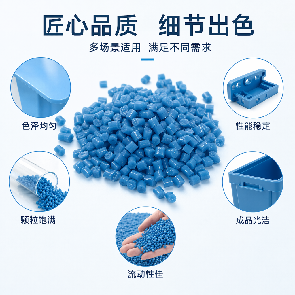 Blue plastic pellets are industrial-grade PPPE raw materials specifically designed for injection molding, blown film and granulation