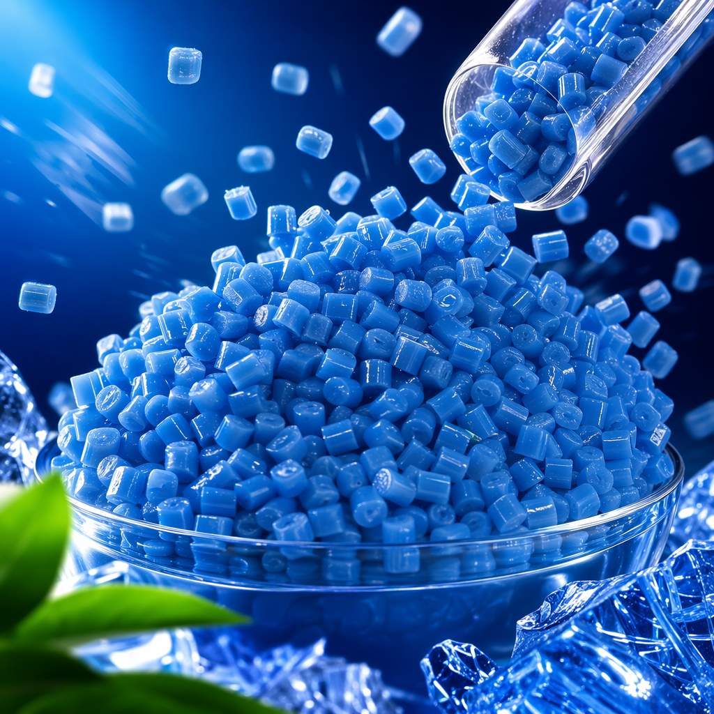 Blue plastic pellets are industrial-grade PPPE raw materials specifically designed for injection molding, blown film and granulation Specification image
