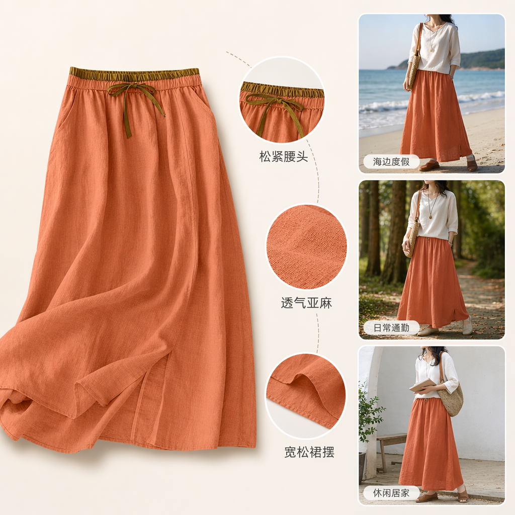 A new orange long dress for women in summer, a slimming and waist-cinching A-line dress with a flowing and flowing silhouette