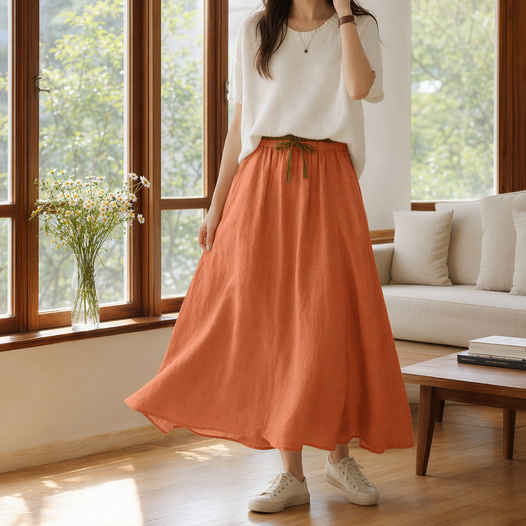 A new orange long dress for women in summer, a slimming and waist-cinching A-line dress with a flowing and flowing silhouette details Picture