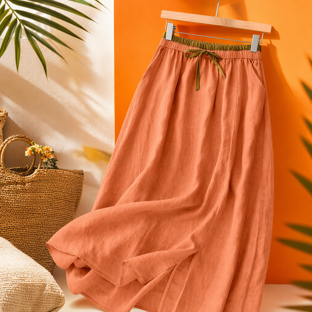 A new orange long dress for women in summer, a slimming and waist-cinching A-line dress with a flowing and flowing silhouette Specification image