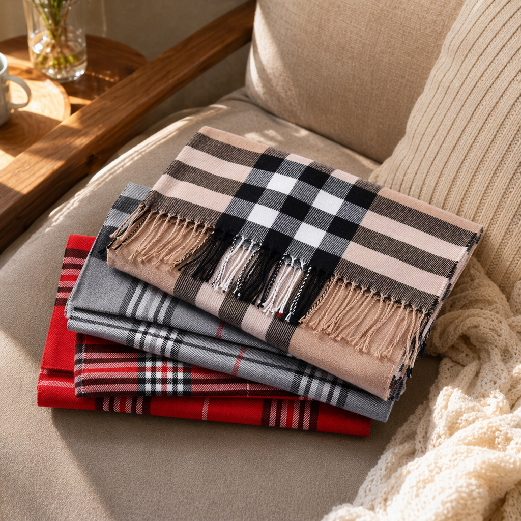 The checkered scarf made of pure cotton is warm and suitable for both men and women in autumn and winter. It is fashionable and versatile details Picture