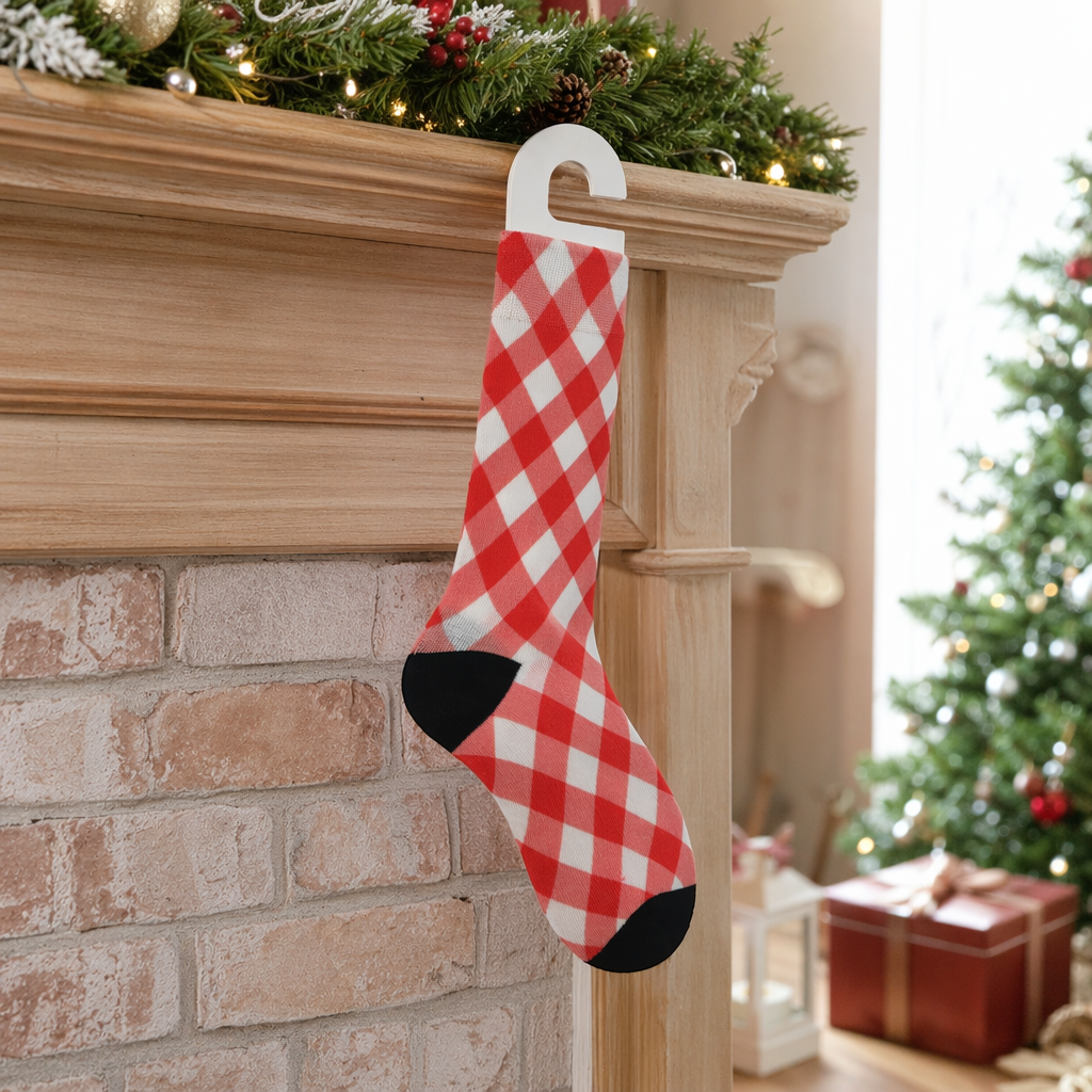 Red and white checkered pure cotton mid-calf socks for both men and women, comfortable and breathable details Picture