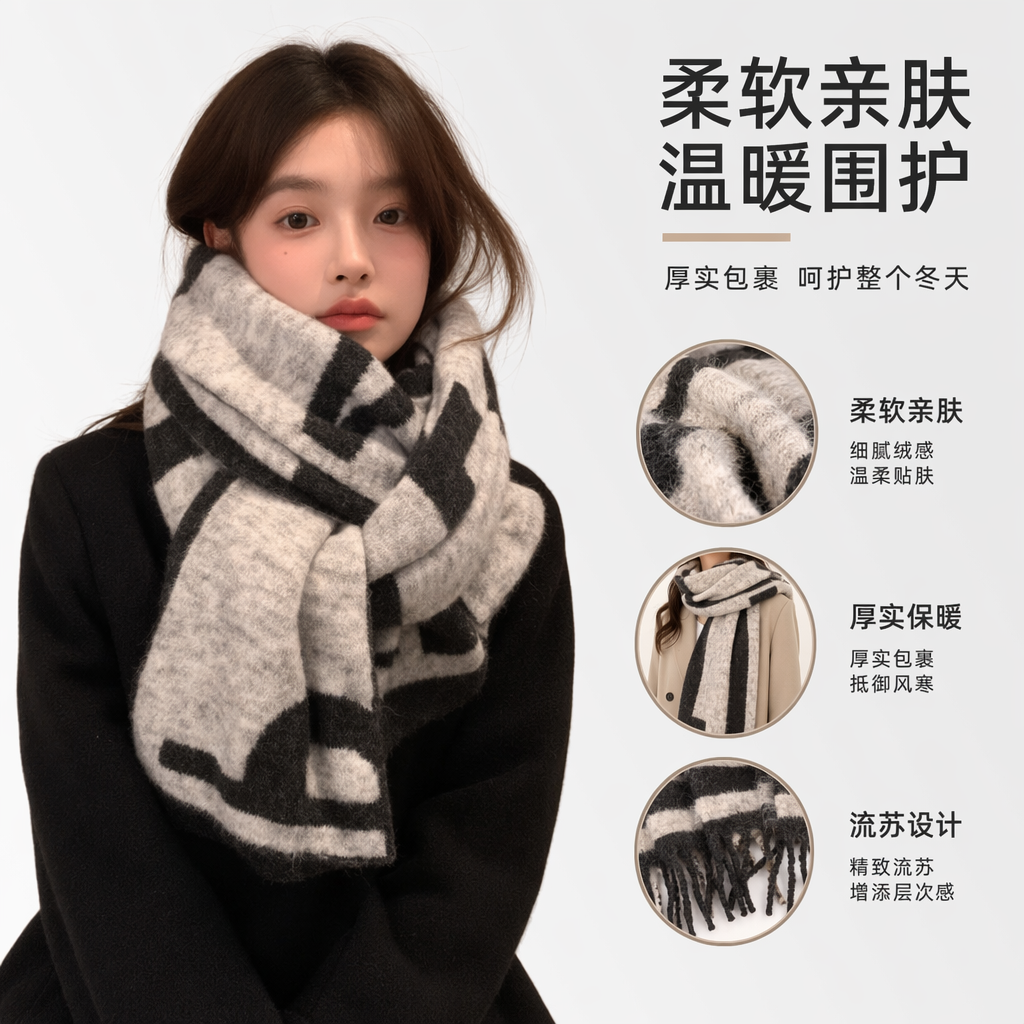 Grey and black checkered scarf for women, warm in autumn and winter, long pure cotton knitted, fashionable and versatile