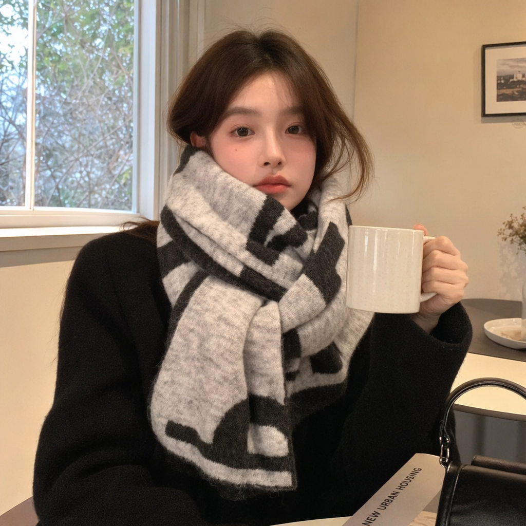Grey and black checkered scarf for women, warm in autumn and winter, long pure cotton knitted, fashionable and versatile details Picture