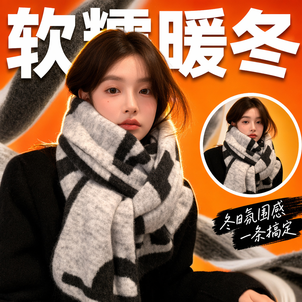 Grey and black checkered scarf for women, warm in autumn and winter, long pure cotton knitted, fashionable and versatile Specification image