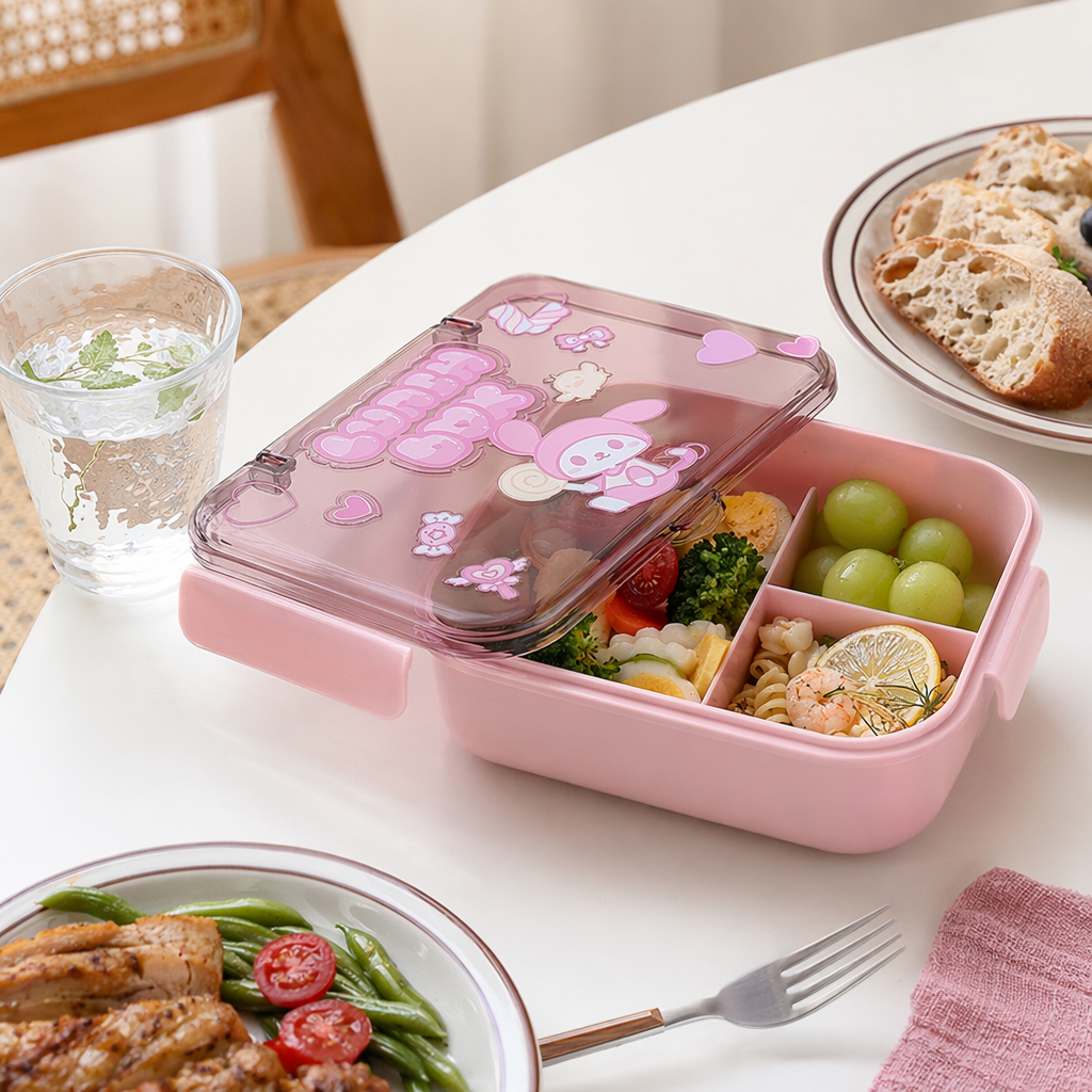 Pink cartoon children's lunch box, portable sealed lunch box, cute and girlish style lunch box details Picture