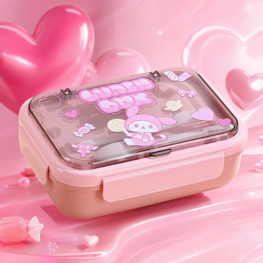 Pink cartoon children's lunch box, portable sealed lunch box, cute and girlish style lunch box Specification image