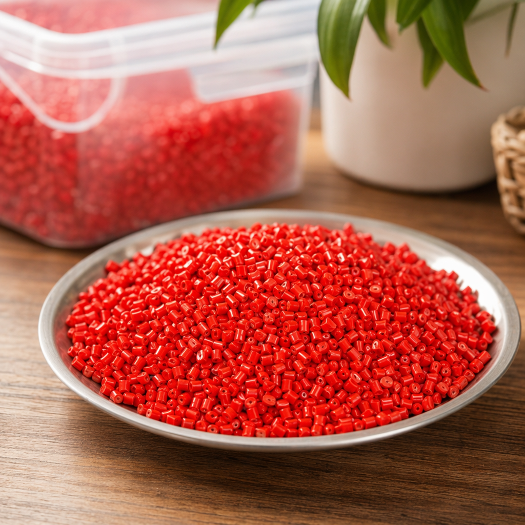 Red granular plastic particles are general engineering plastic raw materials made of PP and PE materials. Customized specifications are available details Picture