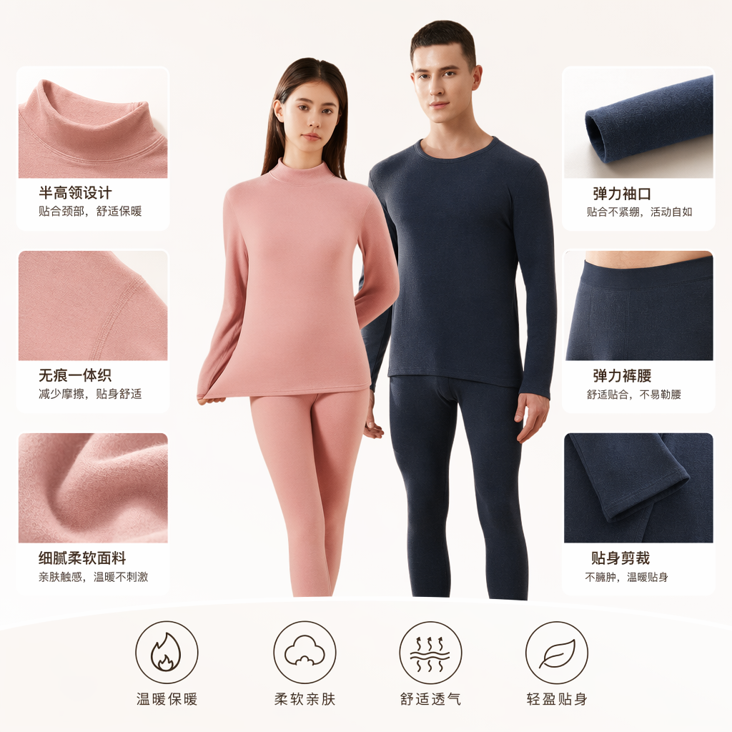 Pink high-neck, dark blue long-sleeved thermal acrylic base layer shirt warm set