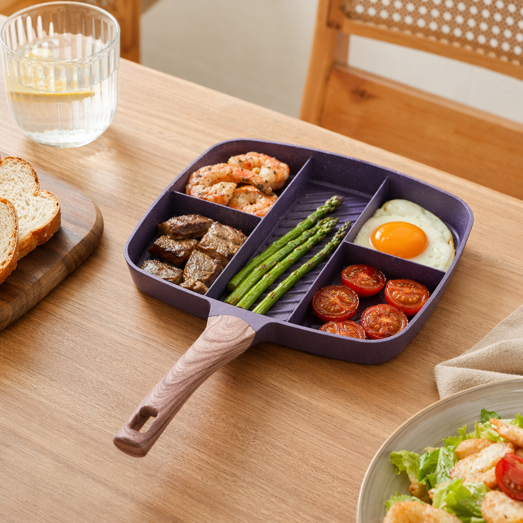 Purple compartmented frying pan, non-stick pan, household multi-functional egg frying and stir-frying pan details Picture