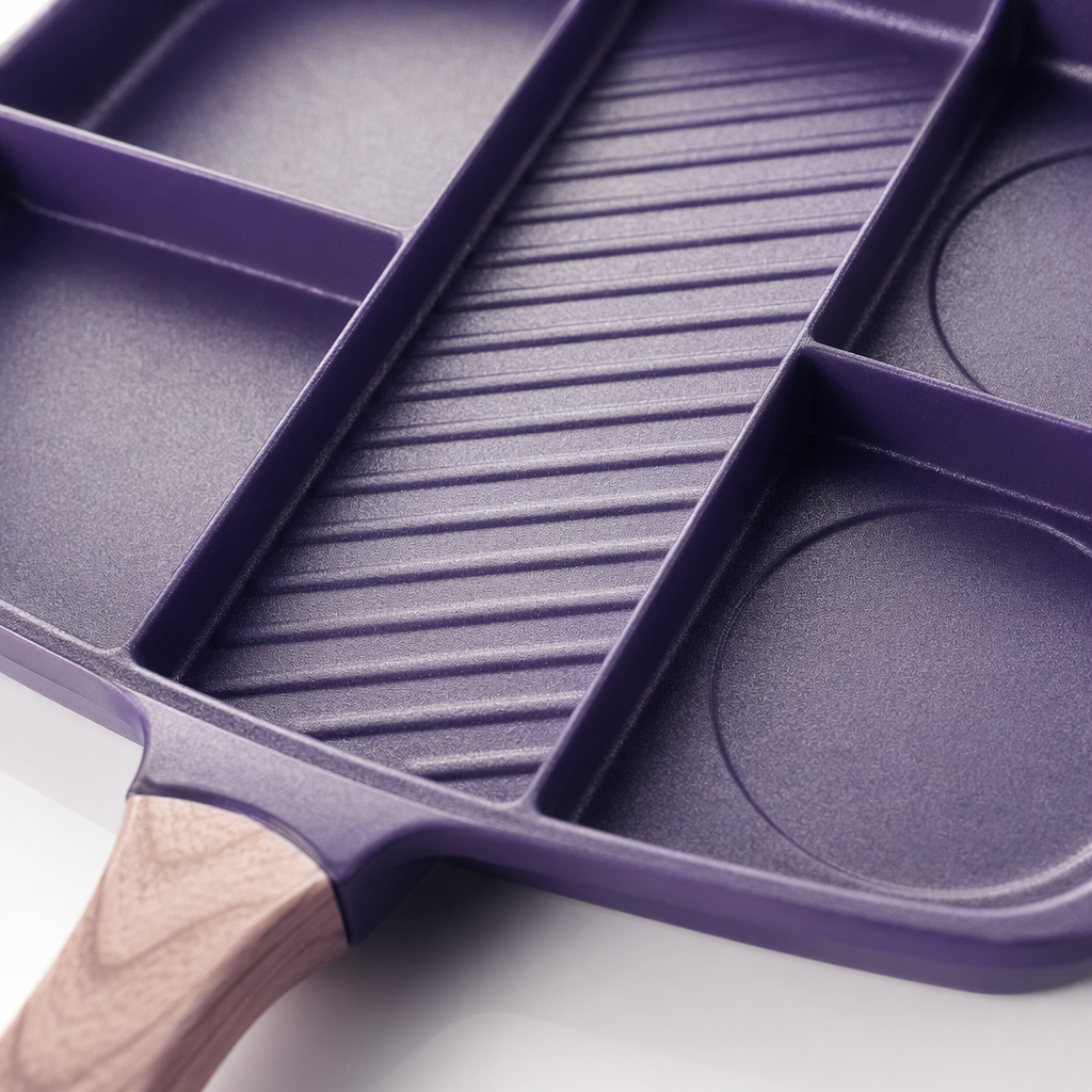 Purple compartmented frying pan, non-stick pan, household multi-functional egg frying and stir-frying pan Application Scenario