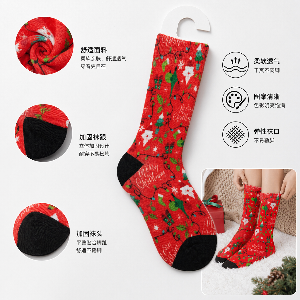 红色圣诞主题袜子 圣诞节装饰袜 红色节日袜子