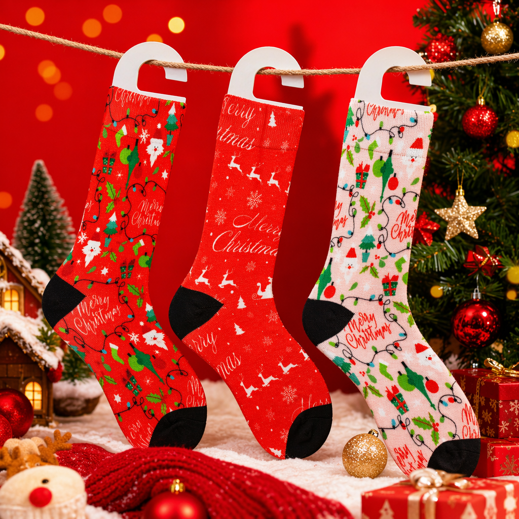 Red Christmas-themed socks, Christmas decorative socks, red holiday socks Specification image