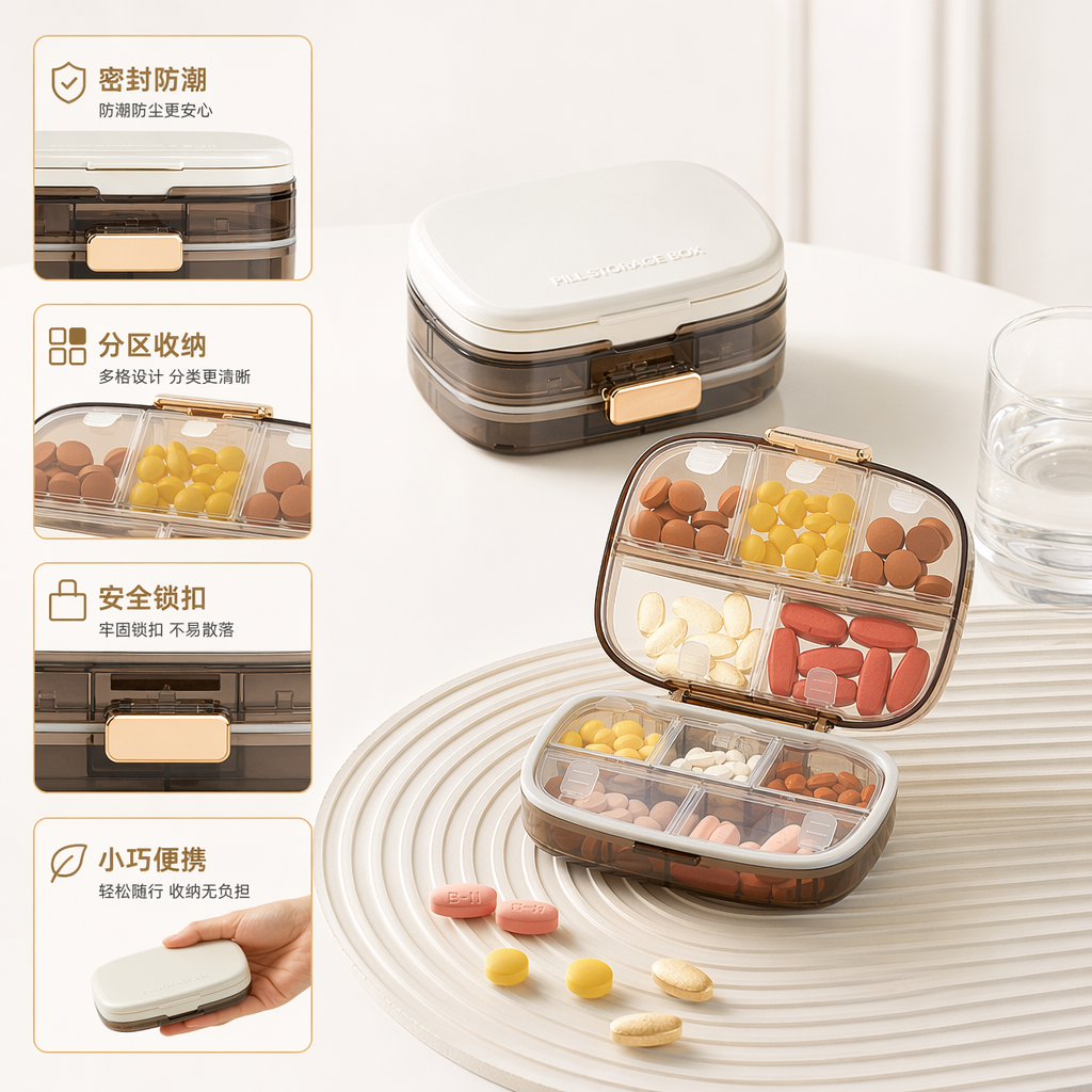 White portable transparent compartments for hand-held lid-opening medicine box