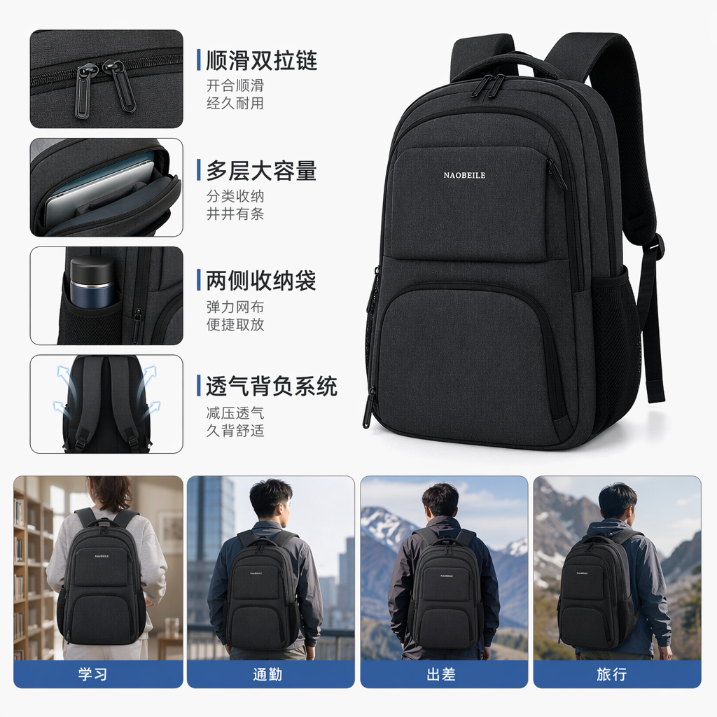 The grey backpack is simple and versatile. It is convenient for students to commute, has a large capacity and is fashionable and casual