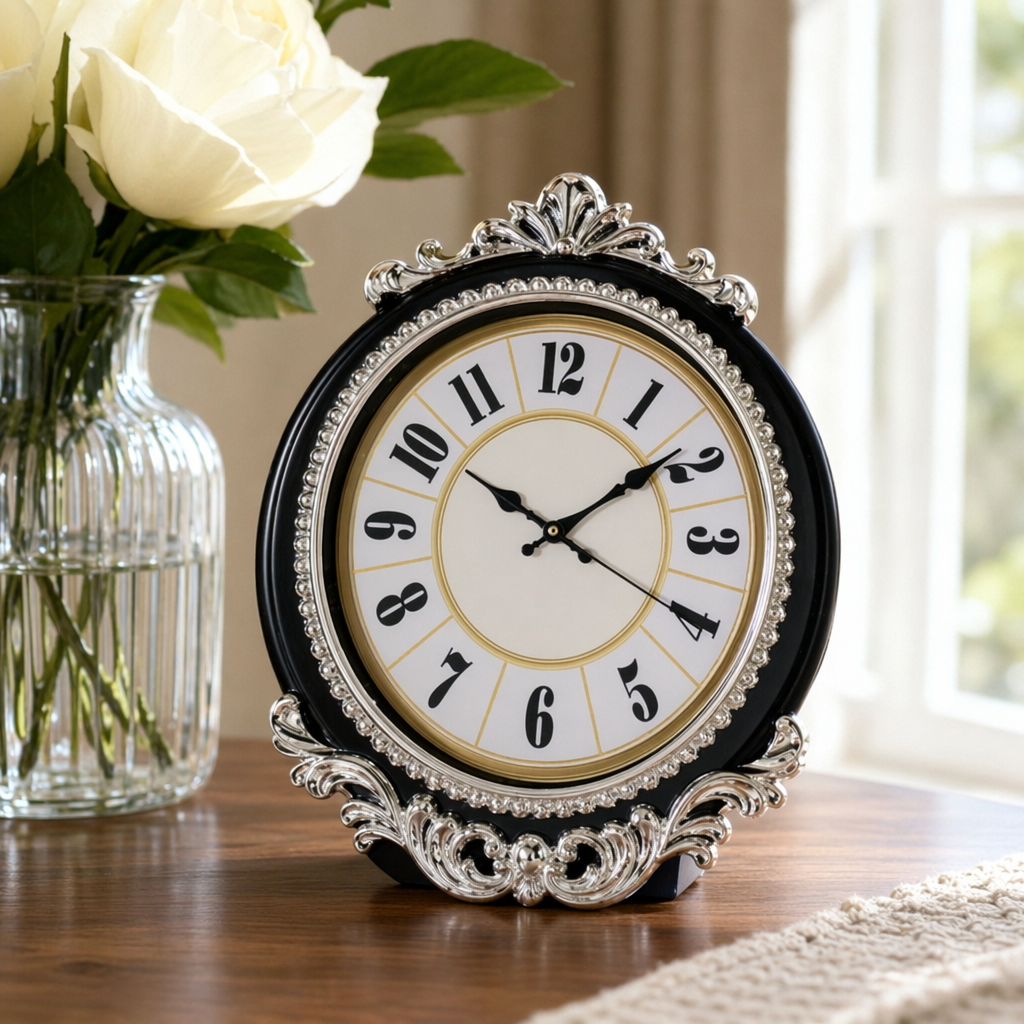 Black-framed silver-decorated wall clock, a simple and modern wall-mounted clock for the living room and bedroom details Picture