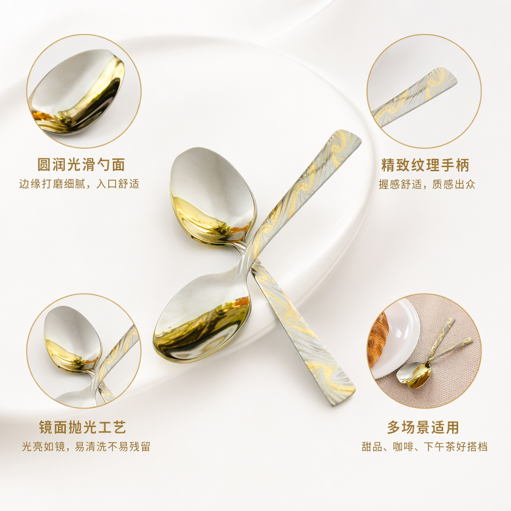 黄色花纹不锈钢勺子家用餐勺厨房餐具套装