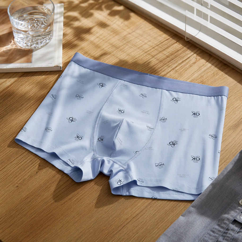 Light blue printed pure cotton men's underwear is comfortable and breathable with flat corners at the four corners details Picture