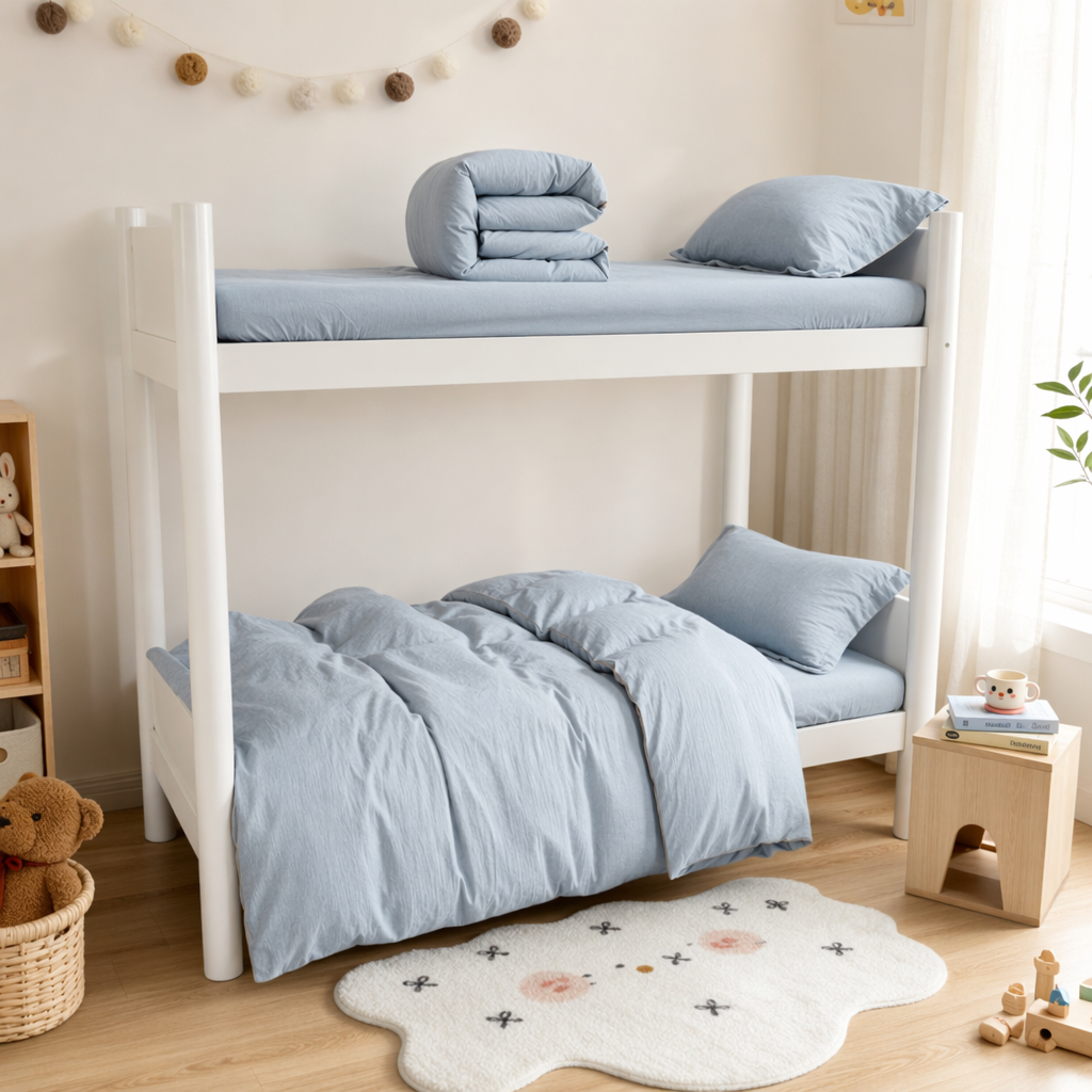 The white bunk bed made of solid wood for children and teenagers in the dormitory is 1.5 meters wide details Picture
