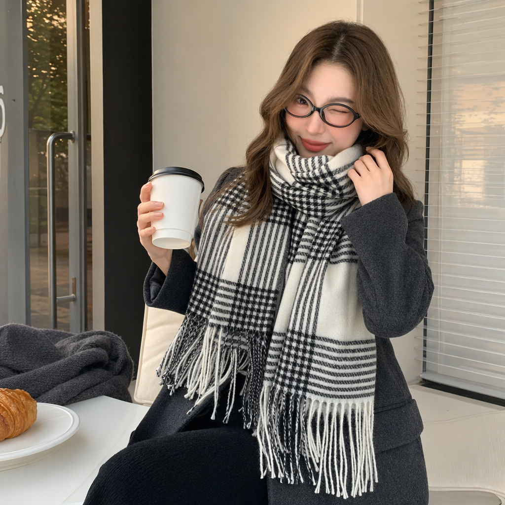 This black and white checkered scarf is made of pure cotton for warmth and is suitable for both men and women in autumn and winter. It is fashionable and versatile details Picture