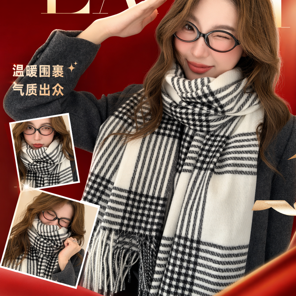 This black and white checkered scarf is made of pure cotton for warmth and is suitable for both men and women in autumn and winter. It is fashionable and versatile Specification image