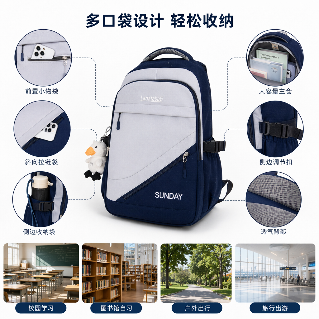 蓝白拼色简约时尚双肩背包学生通勤休闲大容量