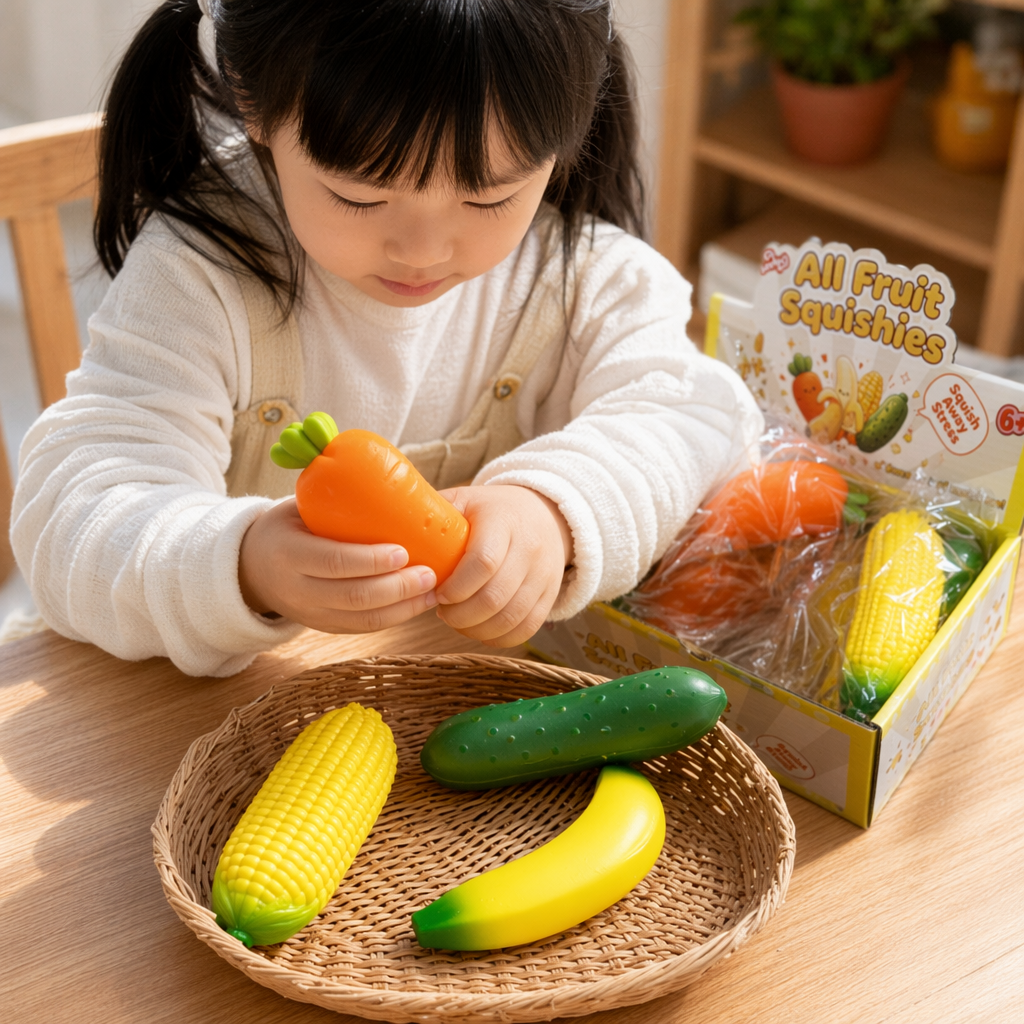 Colorful fruit and vegetable shaped stress-relieving toys inside the yellow packaging box details Picture