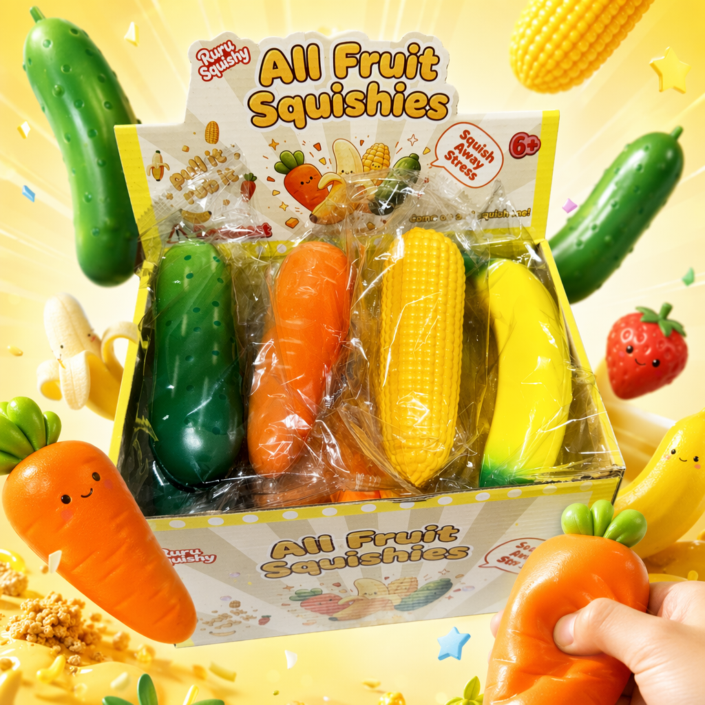 Colorful fruit and vegetable shaped stress-relieving toys inside the yellow packaging box Specification image