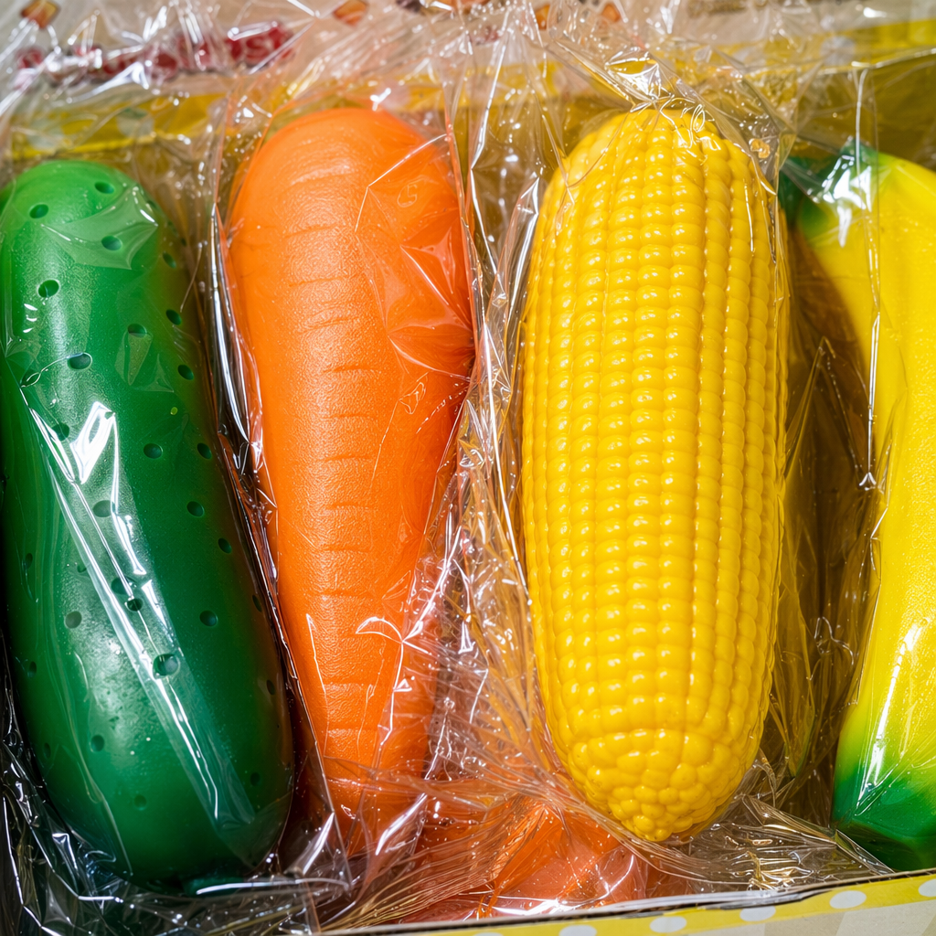 Colorful fruit and vegetable shaped stress-relieving toys inside the yellow packaging box Application Scenario
