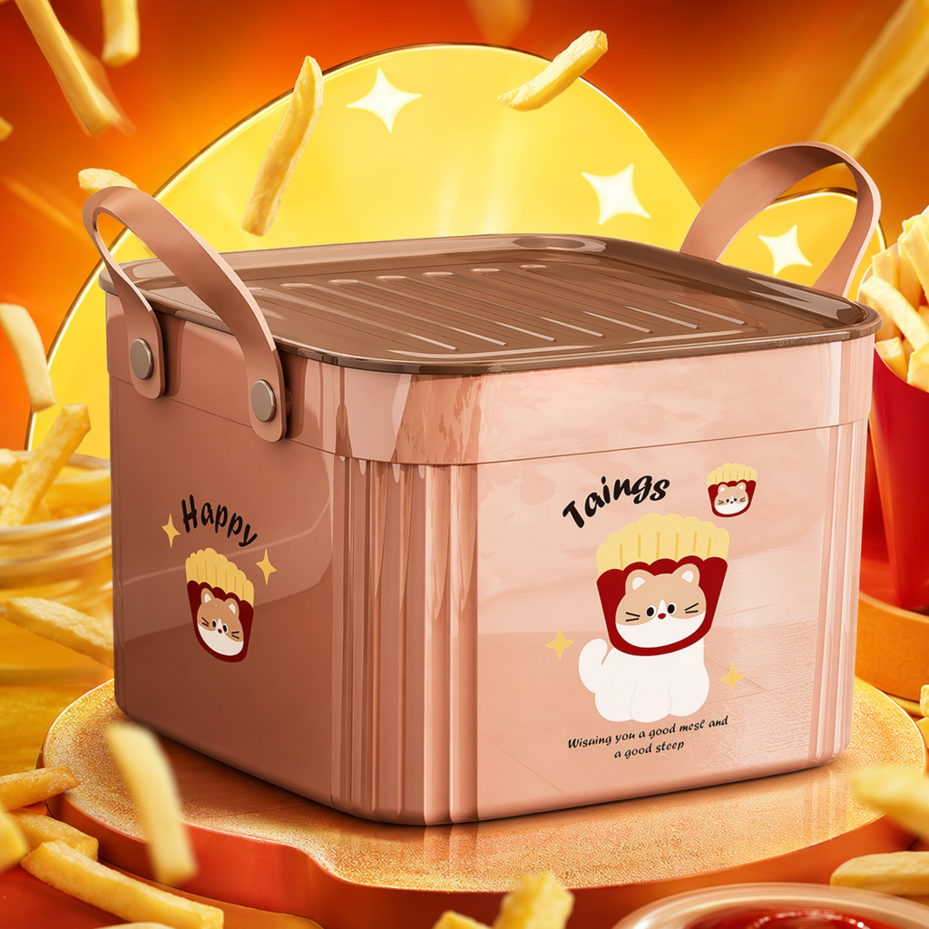Pink cartoon cat French fries pattern storage box, multi-functional desktop organizing box, home storage supplies Specification image