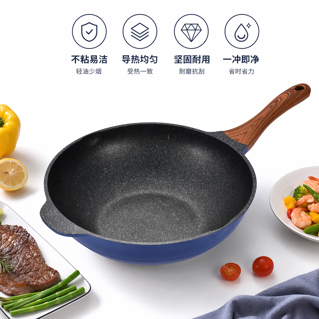 A black-spotted inner pot, blue body and wooden handle wok