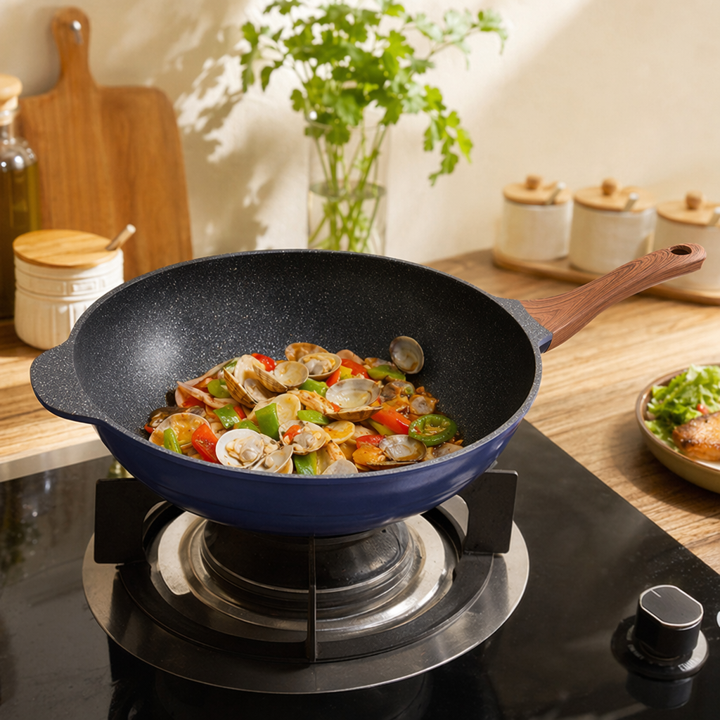 A black-spotted inner pot, blue body and wooden handle wok details Picture