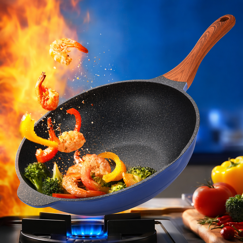 A black-spotted inner pot, blue body and wooden handle wok Specification image
