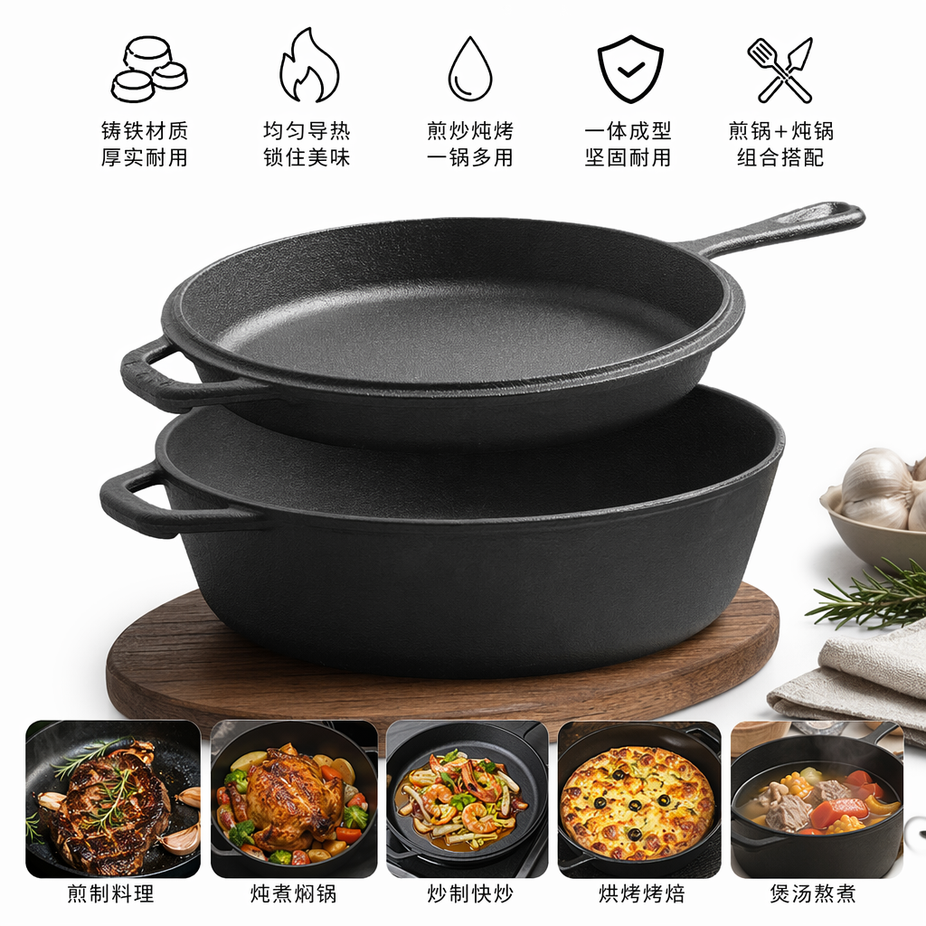 Black cast iron cookware set of 3 pieces, kitchen utensils for stewing, frying and stir-frying