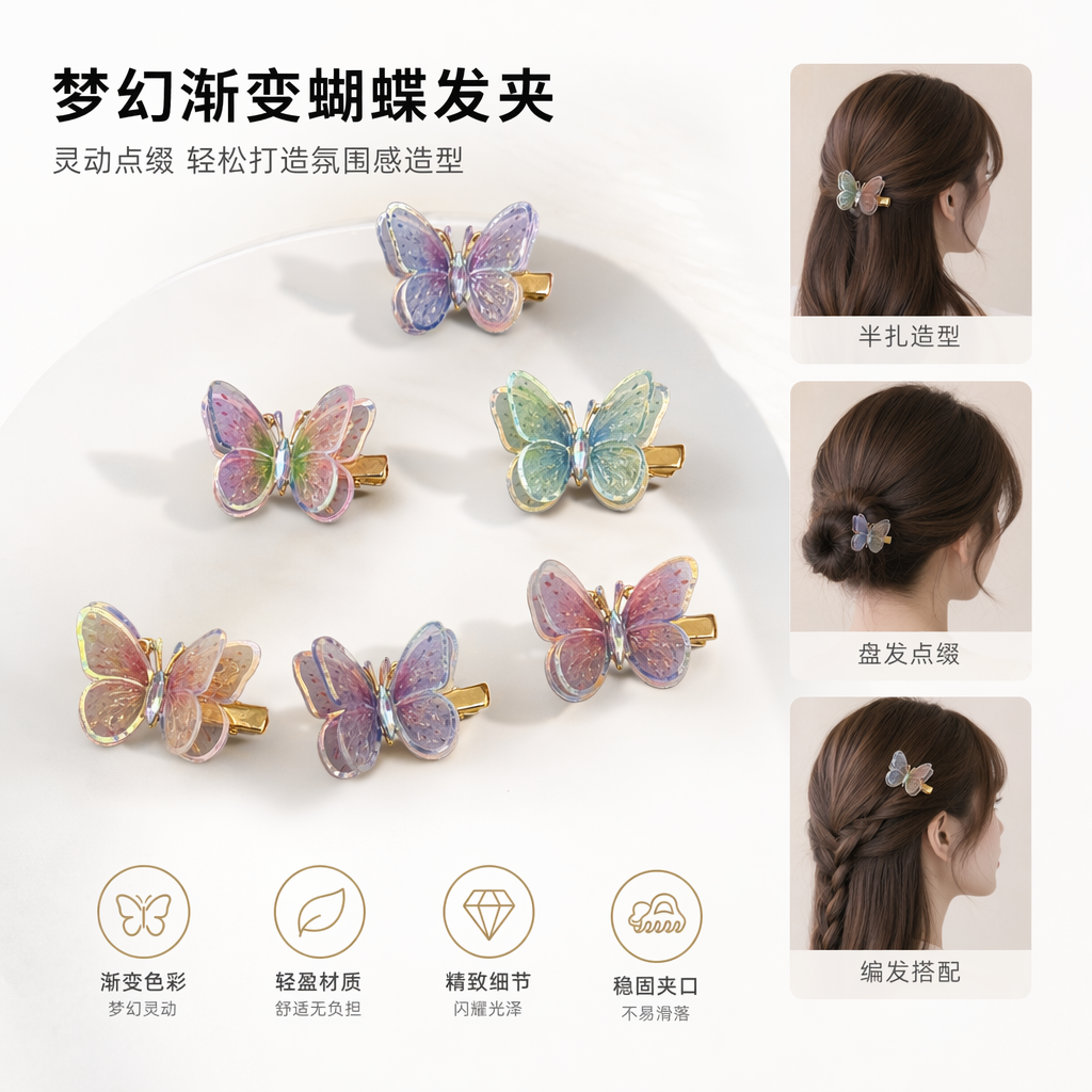 Colorful butterfly hair clips, sweet girl headwear, metal spring clips, cute accessories full image