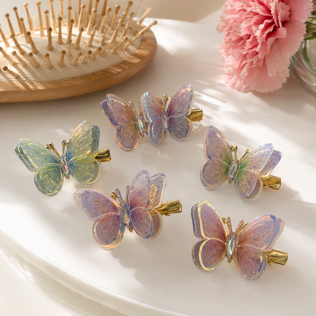 Colorful butterfly hair clips, sweet girl headwear, metal spring clips, cute accessories details Picture