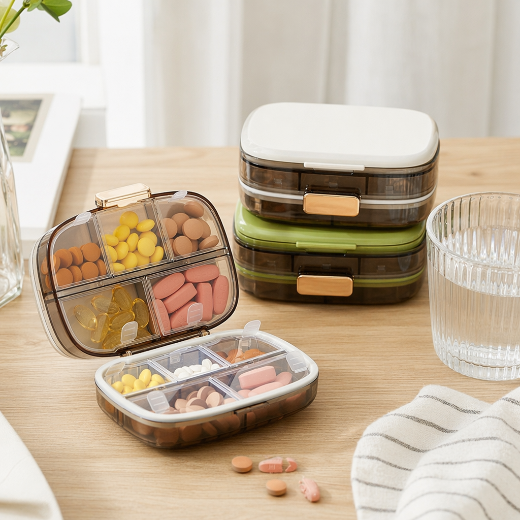 The ten-compartment medicine box is transparent with golden fasteners and comes with a white and green double lid, containing multi-colored tablets details Picture