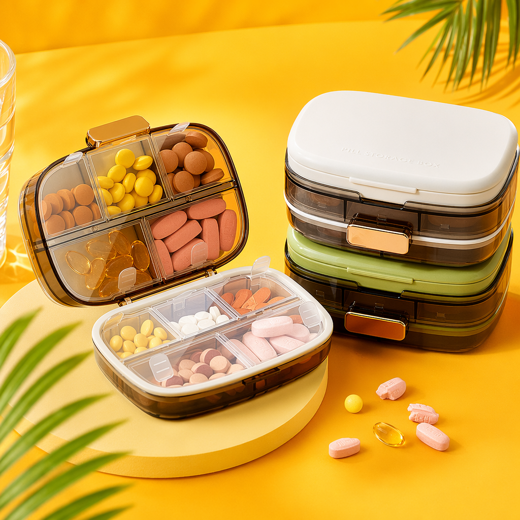 The ten-compartment medicine box is transparent with golden fasteners and comes with a white and green double lid, containing multi-colored tablets Specification image